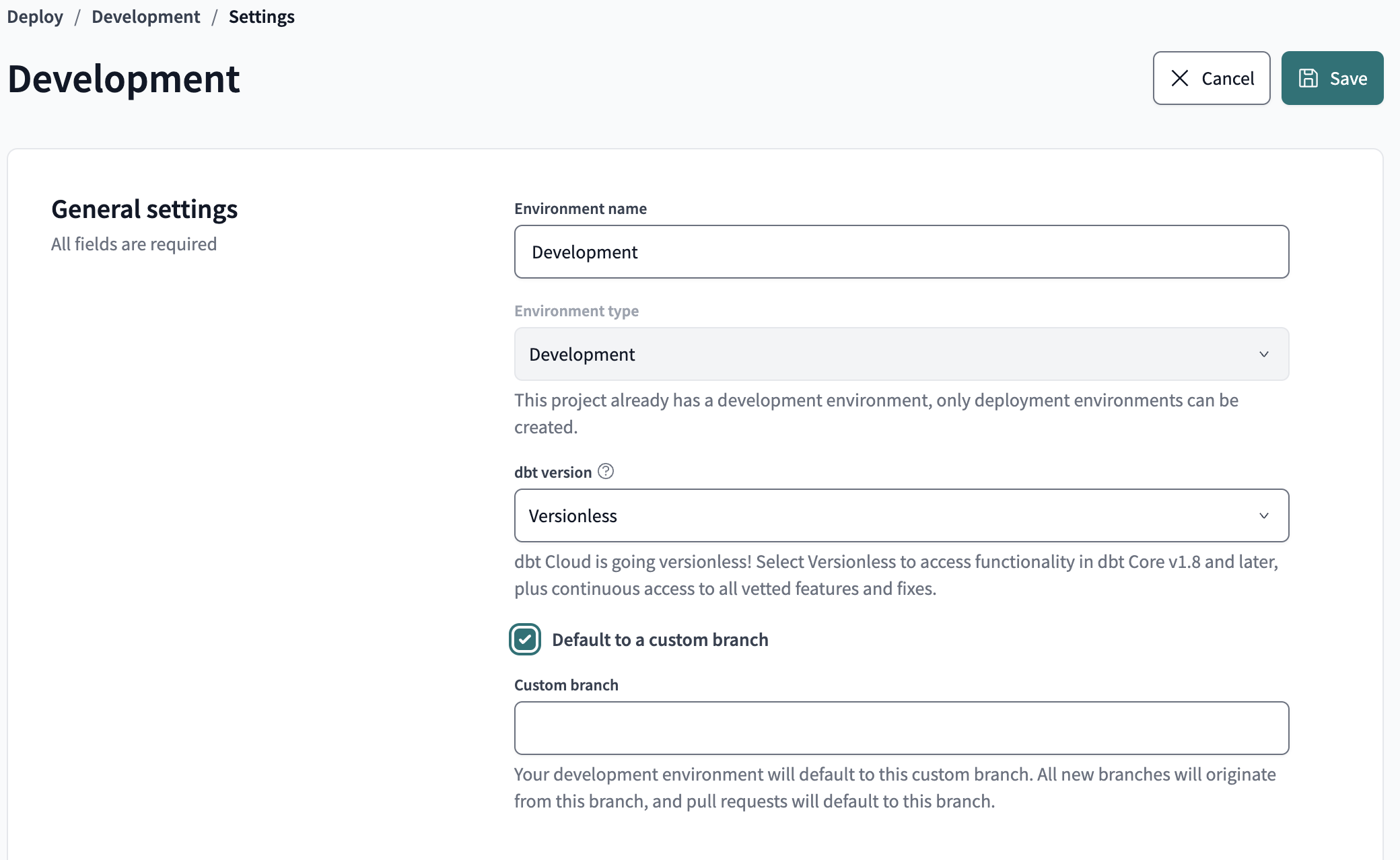 A demonstration of configuring a custom branch for an environment