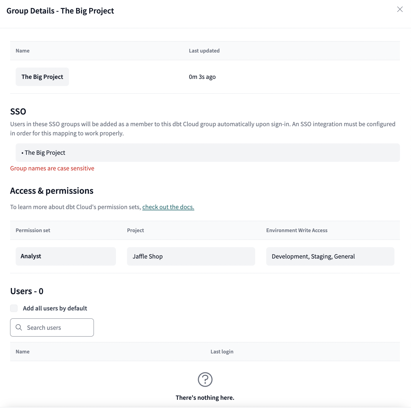 The group configuration with SSO field filled out in dbt Cloud.